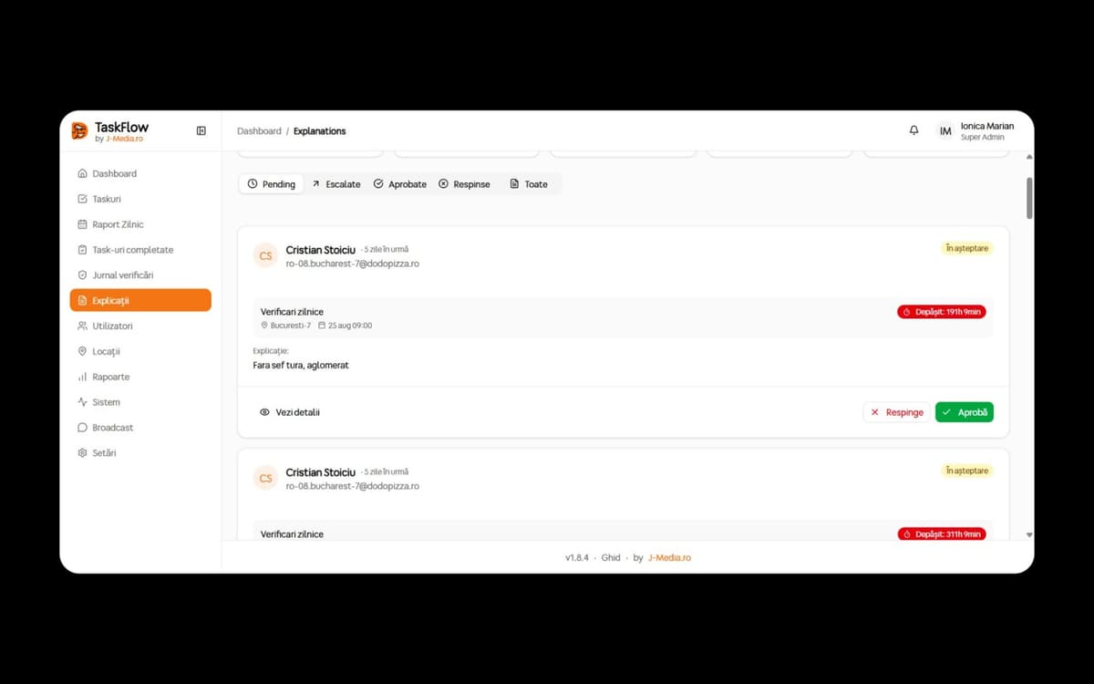 Interfața TaskFlow pentru aprobarea și gestionarea explicațiilor taskurilor întârziate