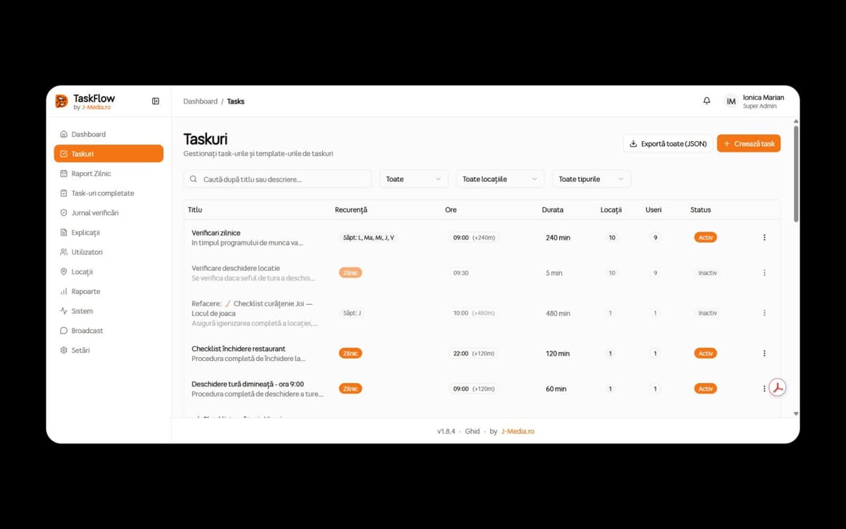 Lista taskurilor configurate, cu recurență, durată, locații, utilizatori și status