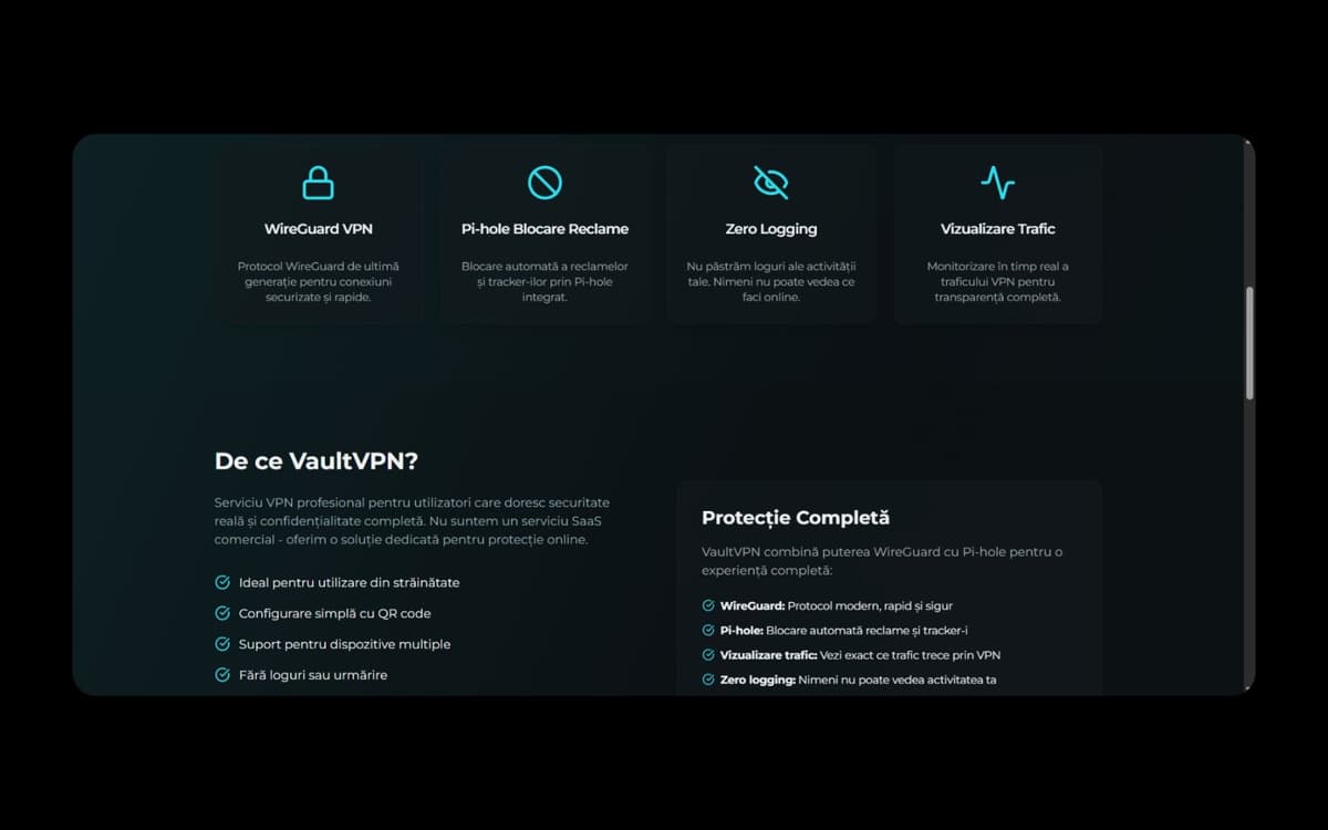 Secțiunea de prezentare VaultVPN cu funcțiile WireGuard, blocare reclame Pi-hole, zero logging și vizualizarea traficului.