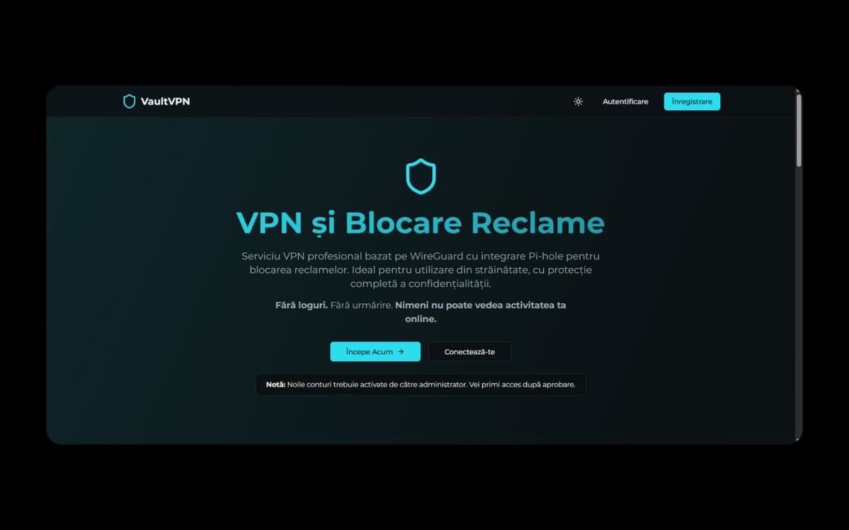 Zona de prezentare a avantajelor VaultVPN și protecția combinată oferită de WireGuard și Pi-hole.