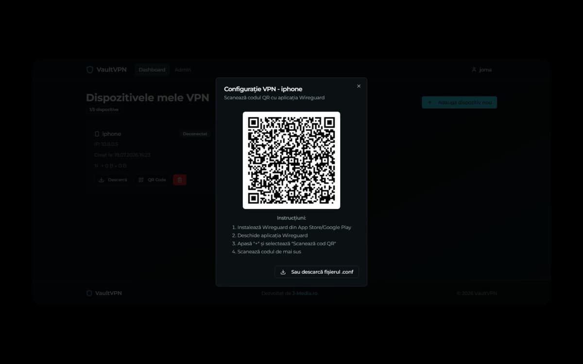 Fereastră de configurare VPN pentru iPhone cu cod QR și instrucțiuni de conectare în aplicația WireGuard.