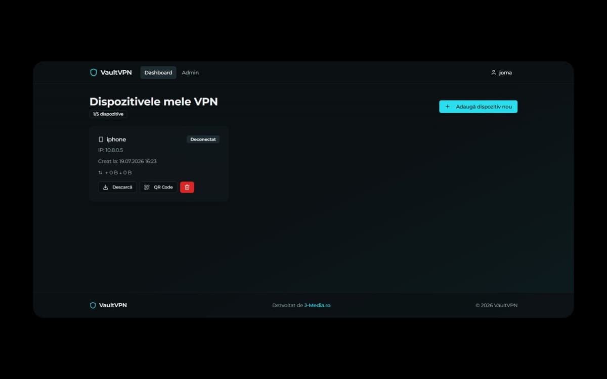 Dashboard VaultVPN pentru gestionarea dispozitivelor conectate și descărcarea configurațiilor VPN.