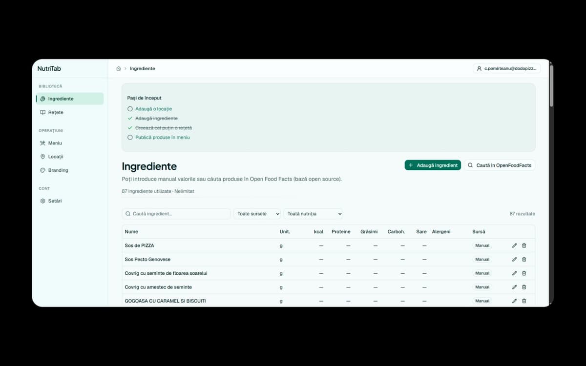 Fereastră de editare a unei rețete cu ingrediente, porție și valori nutriționale calculate