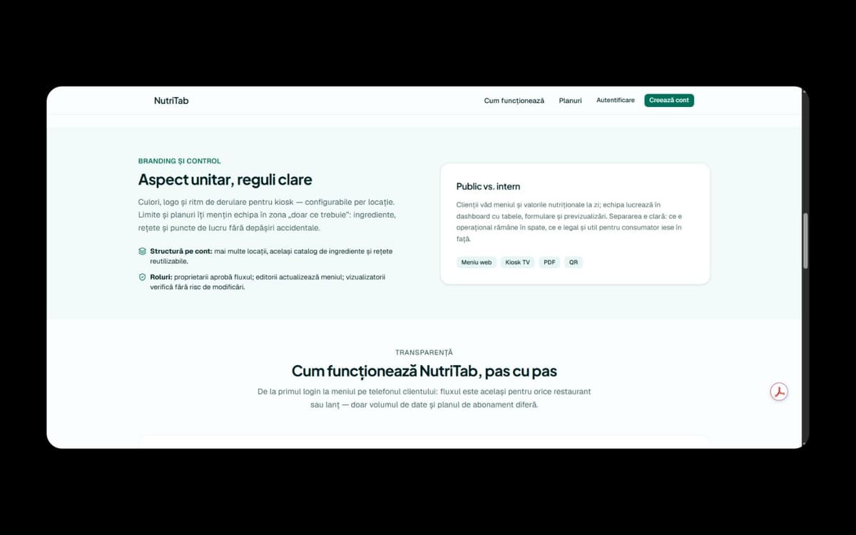 Dashboard NutriTab cu pașii de configurare și biblioteca de ingrediente