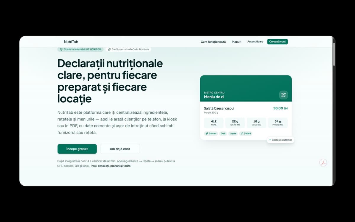 Ecran de prezentare NutriTab cu opțiuni de branding, meniu public și control intern