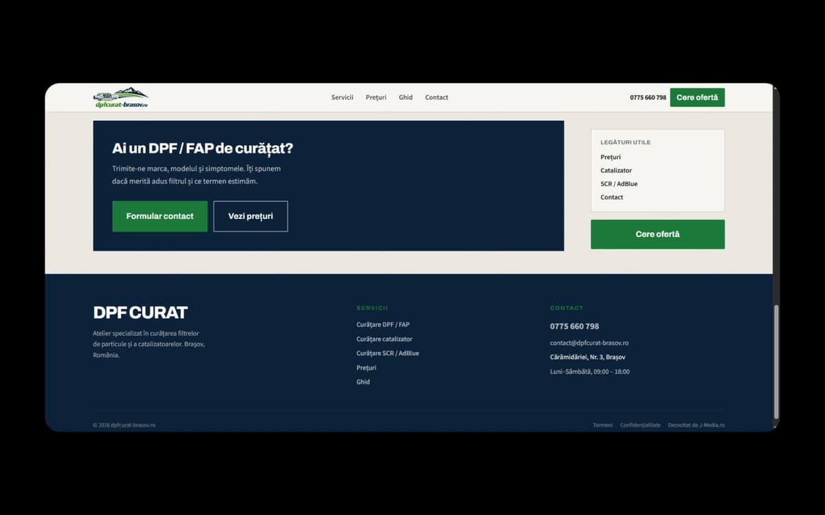 Pagina principală DPF Curat Brașov cu prezentarea serviciilor și butoane de programare
