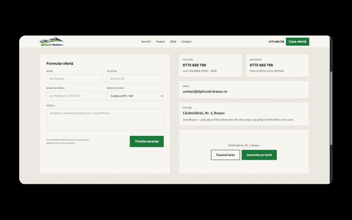 Secțiunea de contact cu formular de ofertă, date de contact și locația atelierului