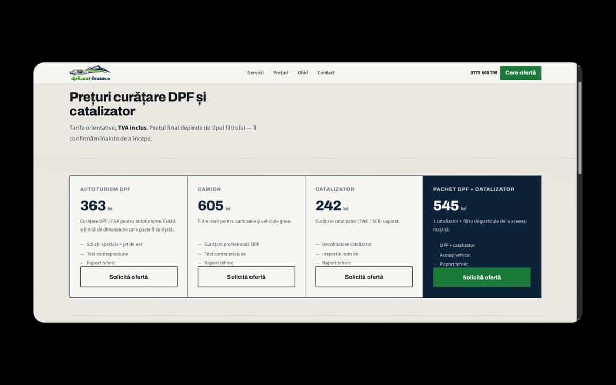 Pagina de prețuri pentru curățarea DPF, catalizatoarelor și pachetelor disponibile